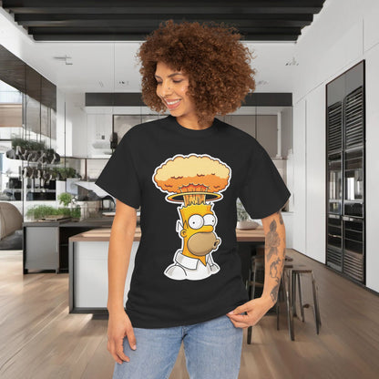 Homer Mind Blown Graphic T-Shirt Urban Unisex Cotton Tee displayed on a model in a modern kitchen setting.