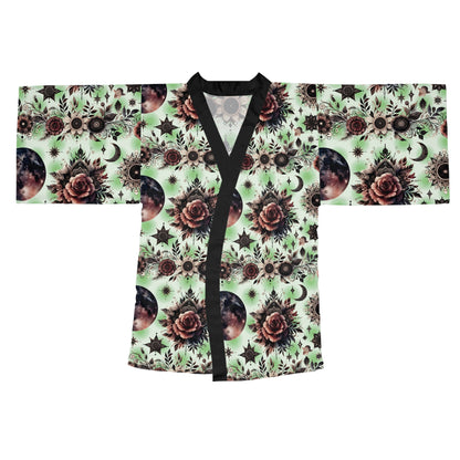 Floral Kimono Robe displayed flat to show the intricate floral patterns and black detailing, a luxurious piece of designer lounge wear perfect for stylish relaxation.