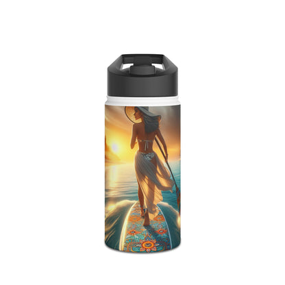 Luxury Fantasy Paddleboarding Stainless Steel Water Bottle featuring an elegant design with a woman paddleboarding at sunset.