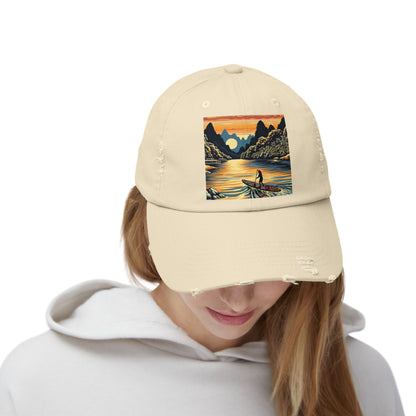 A model wearing the Unisex Distressed Paddleboarders Cap with fantasy design, embodying a chic and adventurous style perfect for water sports enthusiasts.