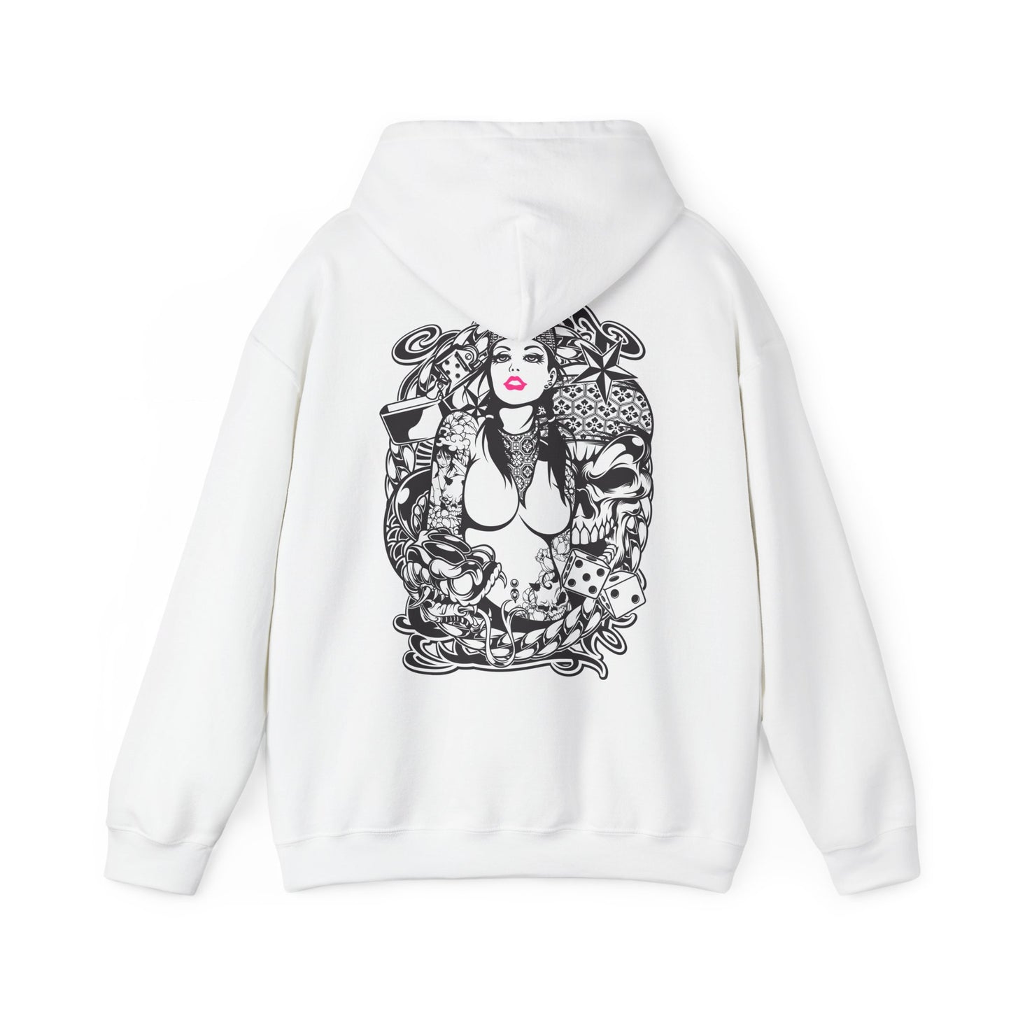 Exquisite white hoodie featuring an intricate tattoo design with floral and skull elements, showcasing a bold female figure with vibrant pink lips and captivating motifs for a unique fashion statement.