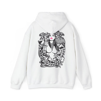 Exquisite white hoodie featuring an intricate tattoo design with floral and skull elements, showcasing a bold female figure with vibrant pink lips and captivating motifs for a unique fashion statement.