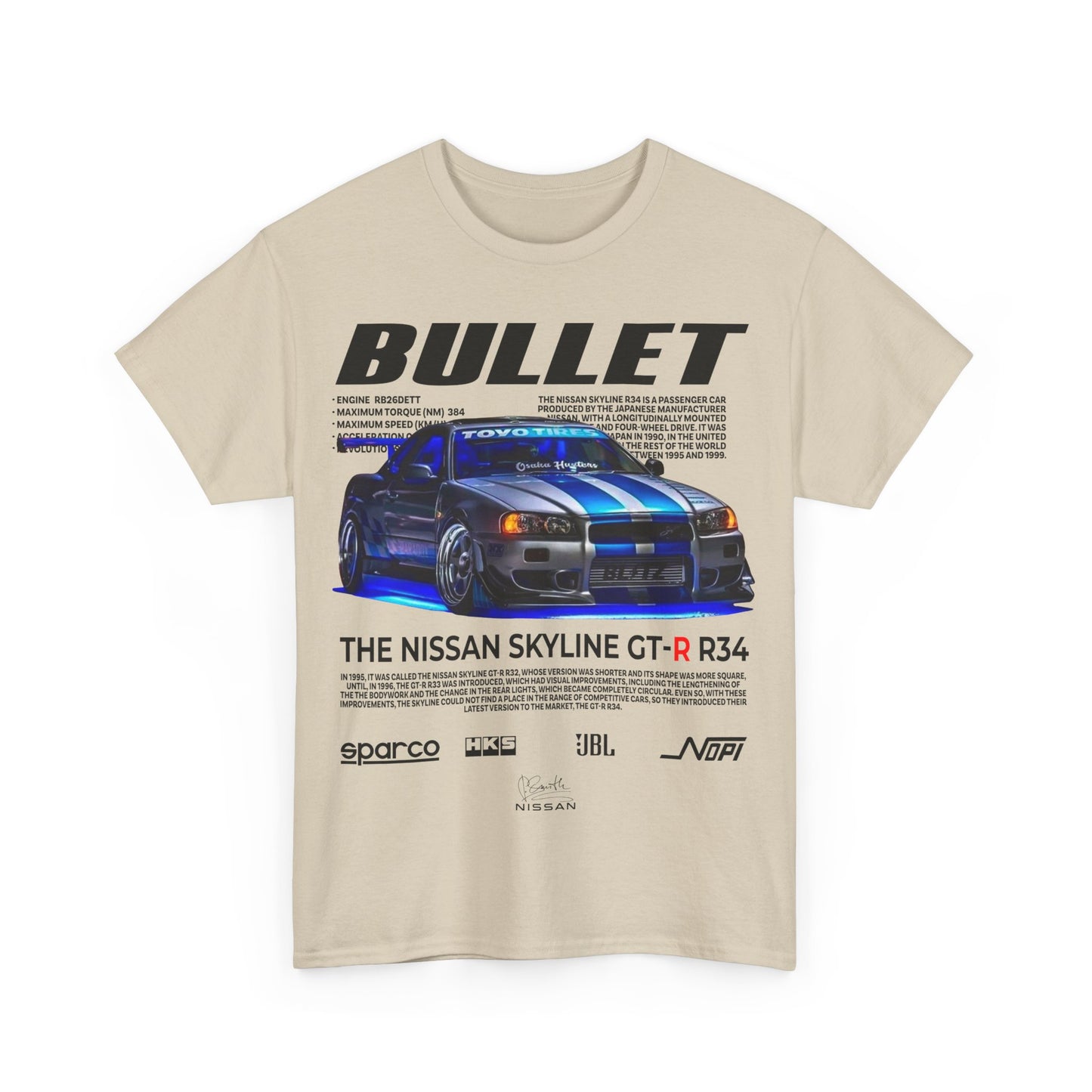 Luxury beige T-shirt featuring a striking graphic of the Nissan Skyline GT-R R34, showcasing performance specifications and branded logos, ideal for automotive enthusiasts.