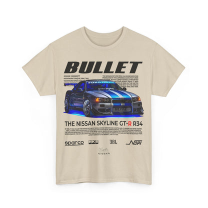 Luxury beige T-shirt featuring a striking graphic of the Nissan Skyline GT-R R34, showcasing performance specifications and branded logos, ideal for automotive enthusiasts.