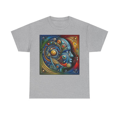 Stained Glass Dreams Unisex T-Shirt in a sophisticated grey hue, showcasing a stunning graphic of a human face adorned with a myriad of colourful abstract shapes, reflecting an elegant artistic flair.