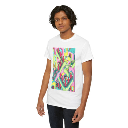 Trendy male model showcasing a chic white unisex t-shirt with eye-catching graphic designs inspired by a famous dystopian narrative, exuding contemporary elegance.