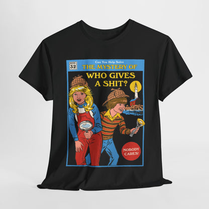 Elegant black unisex graphic t-shirt featuring a whimsical cartoon design titled 'The Mystery of Who Gives a Shit?' showcasing two child detectives against a backdrop of a lighthouse, perfect for casual luxury wear.
