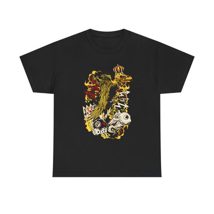 Discover this exquisite black graphic tee adorned with a regal raven design, complemented by dynamic colors and legendary symbols, ideal for a bold fashion statement.
