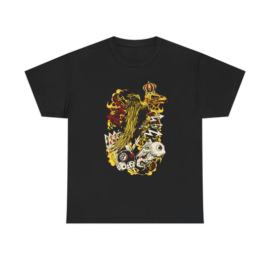 Elegant black graphic tee showcasing a majestic crowned bird with ornate details, surrounded by gambling symbols and fantastical designs in a striking, visually rich illustration.