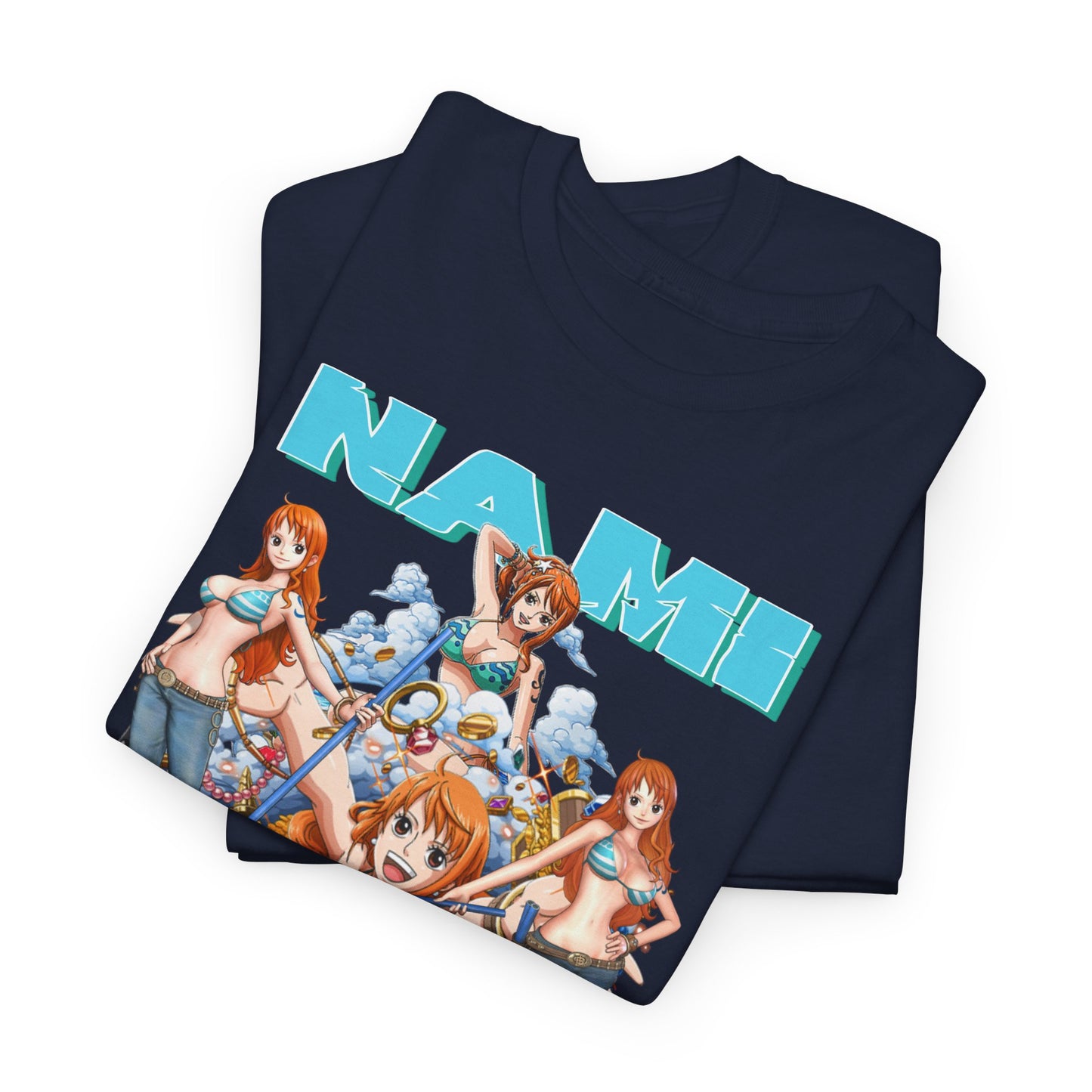 Luxurious men's t-shirt featuring a vibrant Nami graphic from One Piece, showcasing multiple poses of the character in a stylish teal bikini, elegantly printed on premium navy fabric.