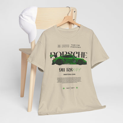 Fashionable Porsche 911 RS t-shirt styled on a chair, representing a lifestyle of speed and sophistication.