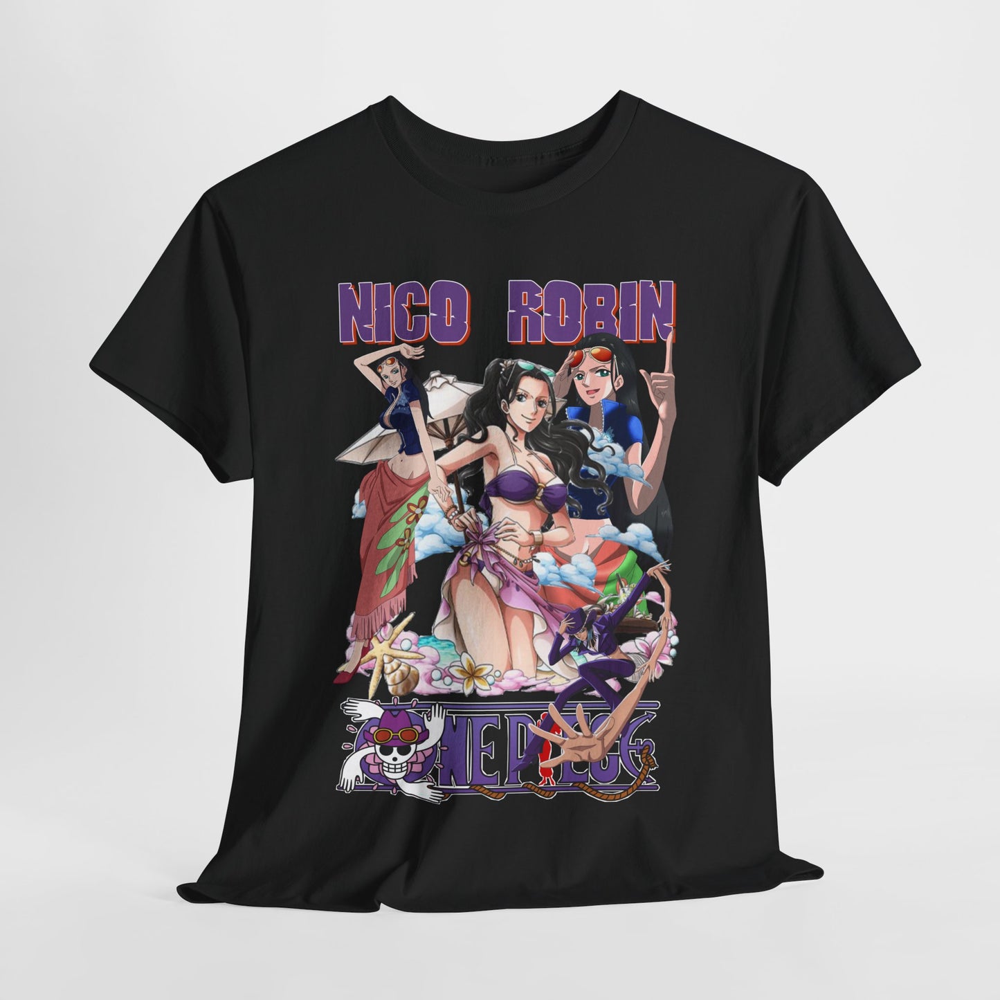 Luxurious black t-shirt featuring vibrant anime art of Nico Robin and friends in beachwear, perfect for anime enthusiasts. Stylish and trendy design, ideal for casual and summer outings.