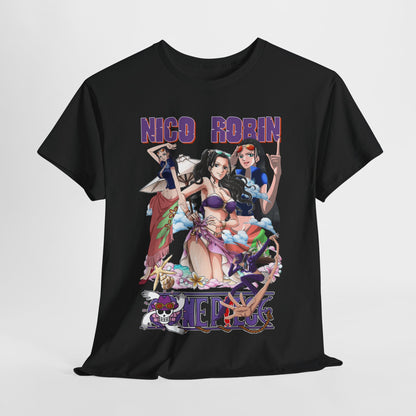 Luxurious black t-shirt featuring vibrant anime art of Nico Robin and friends in beachwear, perfect for anime enthusiasts. Stylish and trendy design, ideal for casual and summer outings.