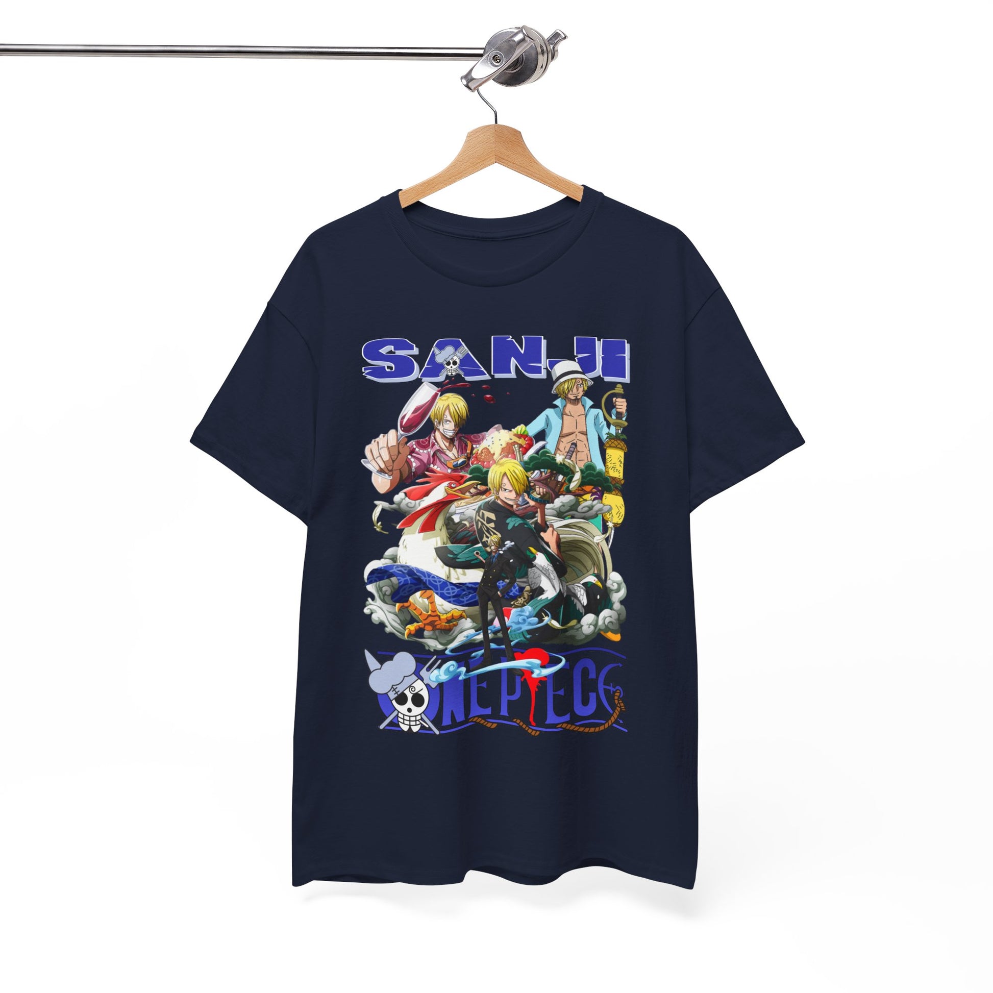 Sleek hanging display of a Sanji graphic tee, elegantly showcasing One Piece character art, an exquisite addition to any anime lover's wardrobe.