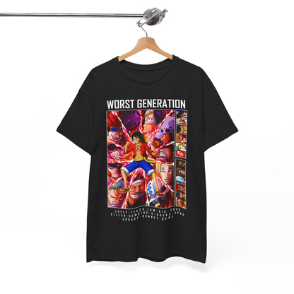 Stylishly hung black T-shirt featuring a detailed artwork of the 'Worst Generation' from One Piece, merging artistry with a trendy streetwear aesthetic.