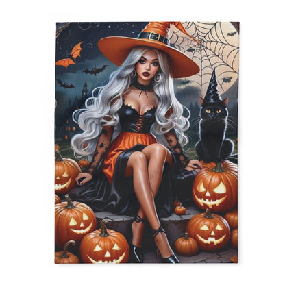 Decorative and Warm Halloween Spooky Arctic Fleece Blanket featuring a stunning witch with long white hair, dressed in an elegant orange and black gown, surrounded by carved pumpkins and a black cat, perfect for adding a luxurious touch to your Halloween decor.
