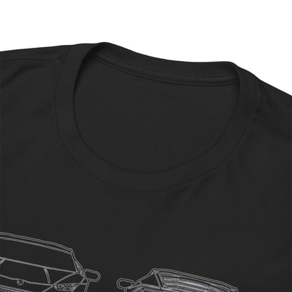 Close-up of the neckline of a unisex T-shirt featuring a Lamborghini Huracán technical drawing; the premium fabric and exquisite design detail reflect luxury vibes.