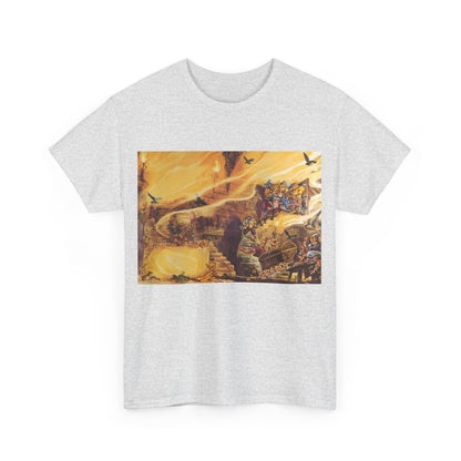 Discworld Color of Magic Graphic Unisex T-Shirt featuring vibrant, intricate artwork inspired by Terry Pratchett's magical universe, perfect for fans of high-end fantasy apparel.