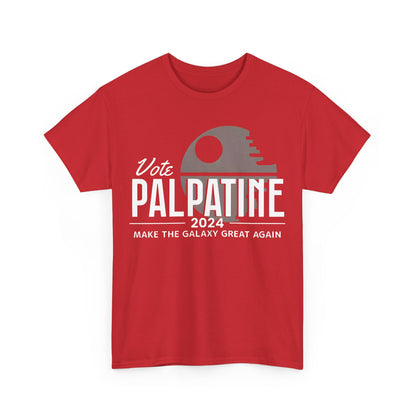 Vote Palpatine Star Wars Graphic T-Shirt in vibrant red, featuring the iconic Death Star silhouette and bold typography announcing 'Vote PALPATINE 2024' with a humorous twist. Ideal for fans and collectors seeking a blend of luxury and whimsical political statement.