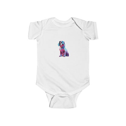 Luxury Puppy Bodysuit featuring a playful geometric dog design, perfect for stylish baby clothing. Ideal infant romper available in five elegant colours.