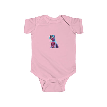 Delightful Puppy Bodysuit in pink, with a charming puppy illustration, making it a stylish choice for infants.