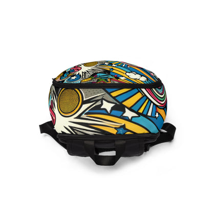 Person wearing the Stylish Abstract Visions Cartoon Backpack from Dazzling Dreams Studio at an artistic gathering, demonstrating its trendy appeal and modern design.