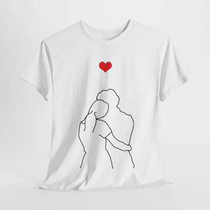 Valentines Day Lovers Gift Mens Womens Graphic T-Shirt featuring elegant line art of embracing figures and a red heart, unisex cotton design for a stylish expression of love.