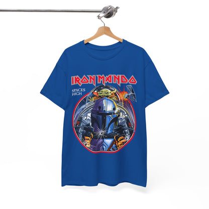 Luxury Iron Mando Graphic Tee featuring a Mandalorian design, showcasing intricate artwork of a formidable warrior and a playful character against a vibrant blue background.