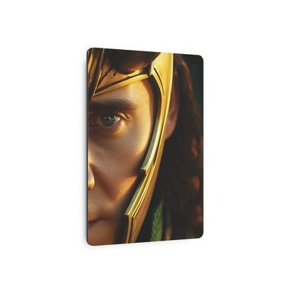 Marvel Loki Metal Art Poster featuring a detailed close-up of Loki's face with ornate golden horns and captivating green background, crafted in high-quality matte aluminium.