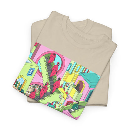 A beautifully folded and stacked pair of Squid Game-themed t-shirts, showcasing intricate designs that blend quirky humour with stylish sophistication.