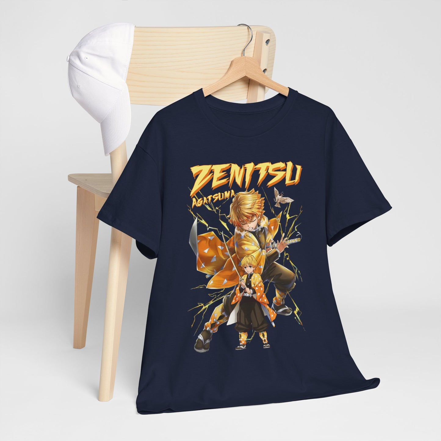 A serene display of a navy t-shirt with an elaborate design of Zenitsu Agatsuma draped over a minimalist wooden chair, highlighting a fashionable anime aesthetic.