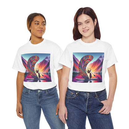 Luxury Paddleboard Adventure T-Shirt featuring vibrant paddleboarding graphics worn by two models showcasing the blend of style and outdoor passion.