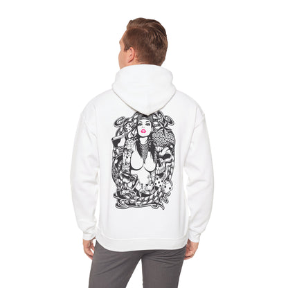 Elegant male model wearing a luxurious white hoodie with an intricate tattoo design on the back, combining bold artwork and contemporary fashion.