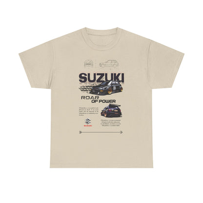 Chic beige Suzuki Forza men's t-shirt featuring an intricate graphic design that includes the phrase 'ROAR OF POWER', showcasing a stylised illustration of a Suzuki car and engineering details, catering to stylish car lovers.