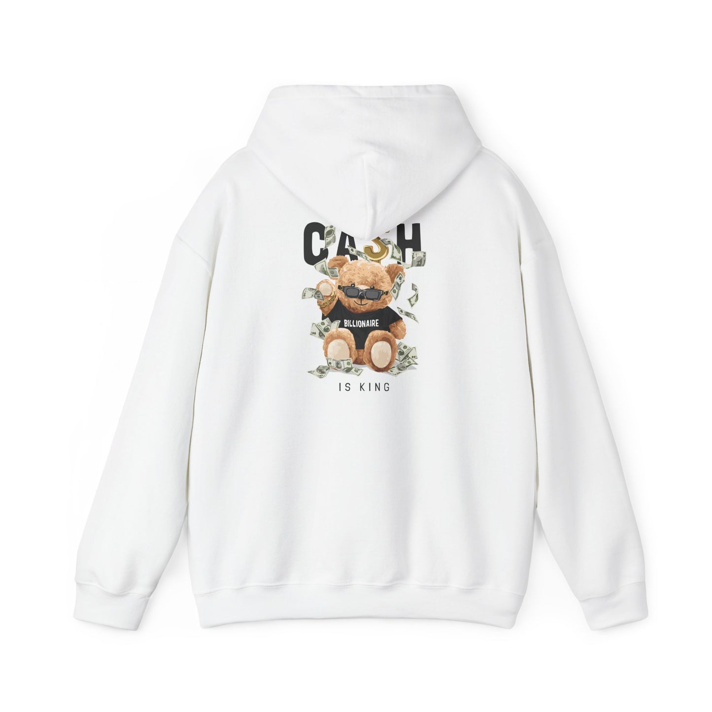 Chic white hoodie featuring a playful teddy bear design, adorned with dollar bills, and stylish sunglasses, highlighted by the phrase 'CASH BILLIONAIRE IS KING' for a luxurious wardrobe statement.