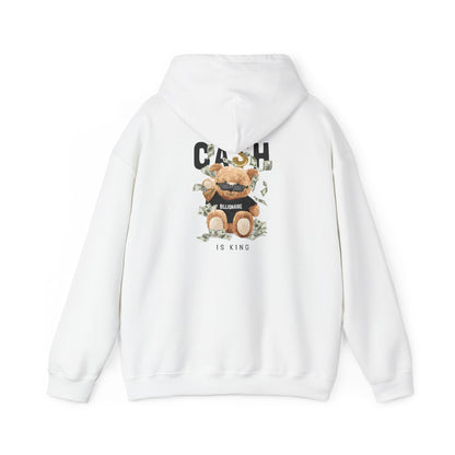 Chic white hoodie featuring a playful teddy bear design, adorned with dollar bills, and stylish sunglasses, highlighted by the phrase 'CASH BILLIONAIRE IS KING' for a luxurious wardrobe statement.