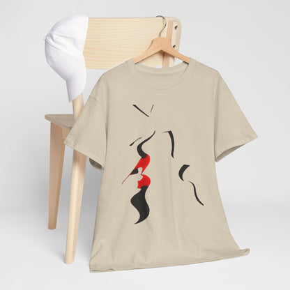 Chic unisex cotton graphic t-shirt draped over a stylish wooden chair, paired with a classic white cap, highlighting its modern abstract art and versatile styling.