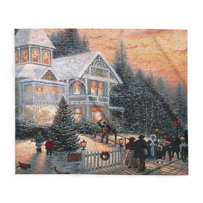 Close-up view of the Decorative and Warm Christmas Arctic Fleece Blanket with a charming winter scene, highlighting intricate details and vibrant colours, perfect for seasonal decor.