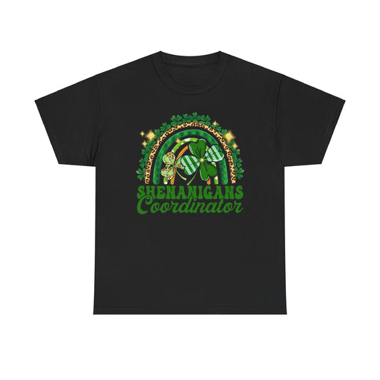 Chic St Patricks Day Unisex Men's Women's Graphic Cotton Funny T Shirt Tee showcasing the 'Shenanigans Coordinator' motif surrounded by a green rainbow and premium detailing.