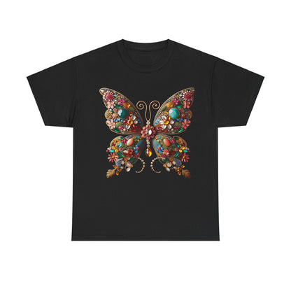 Enchanting Butterfly Brooch Unisex T Shirt featuring a vibrant and intricately designed butterfly made of colourful gemstones and floral motifs, set against a classic black tee, embodying elegance and style.
