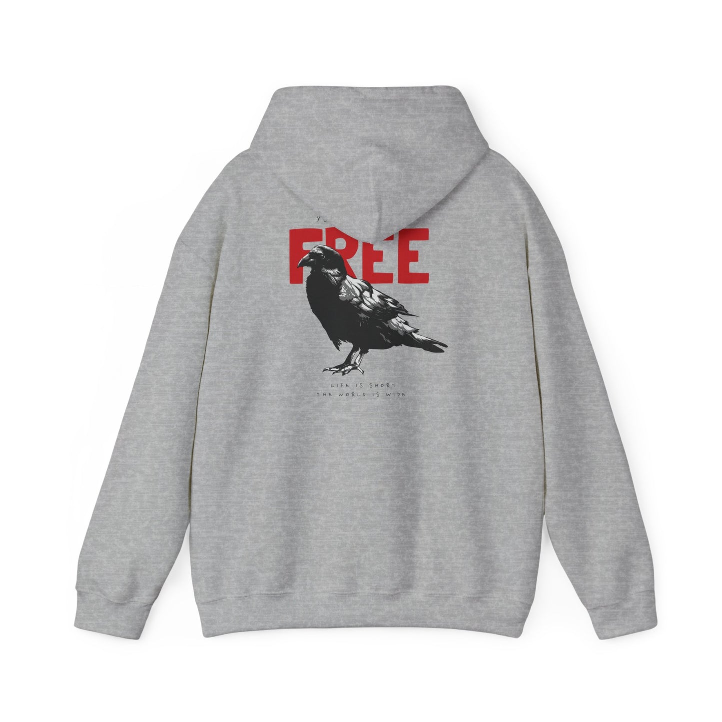 Elegant grey hoodie featuring an artistic raven graphic with bold red lettering stating 'FREE', reflecting a sense of freedom and style.