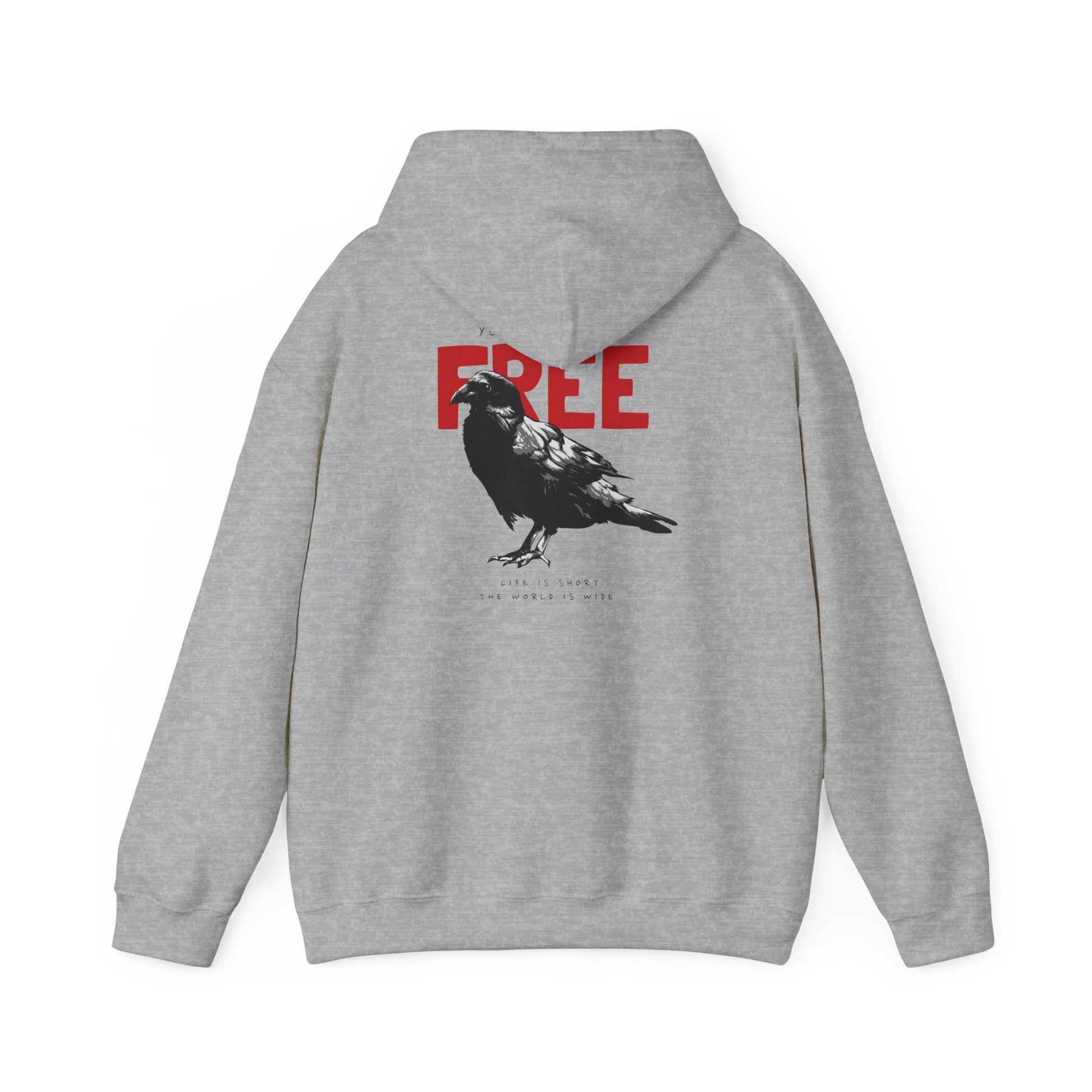 Elegant grey hoodie featuring an artistic raven graphic with bold red lettering stating 'FREE', reflecting a sense of freedom and style.