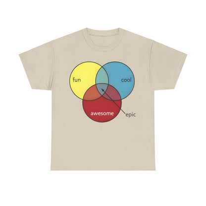 Epic Pie Chart Graphic Tee - Unisex Triad T-Shirt featuring vibrant circles representing 'Fun', 'Cool', and 'Awesome', with a stylish illustration pointing to 'Epic', designed for connoisseurs of luxury casualwear.