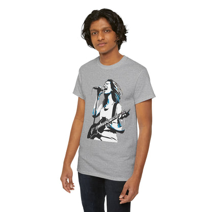 Stylish male model showcasing the Legend of Rock Graphic T-Shirt, perfect for a sophisticated urban look with an artistic graphic.