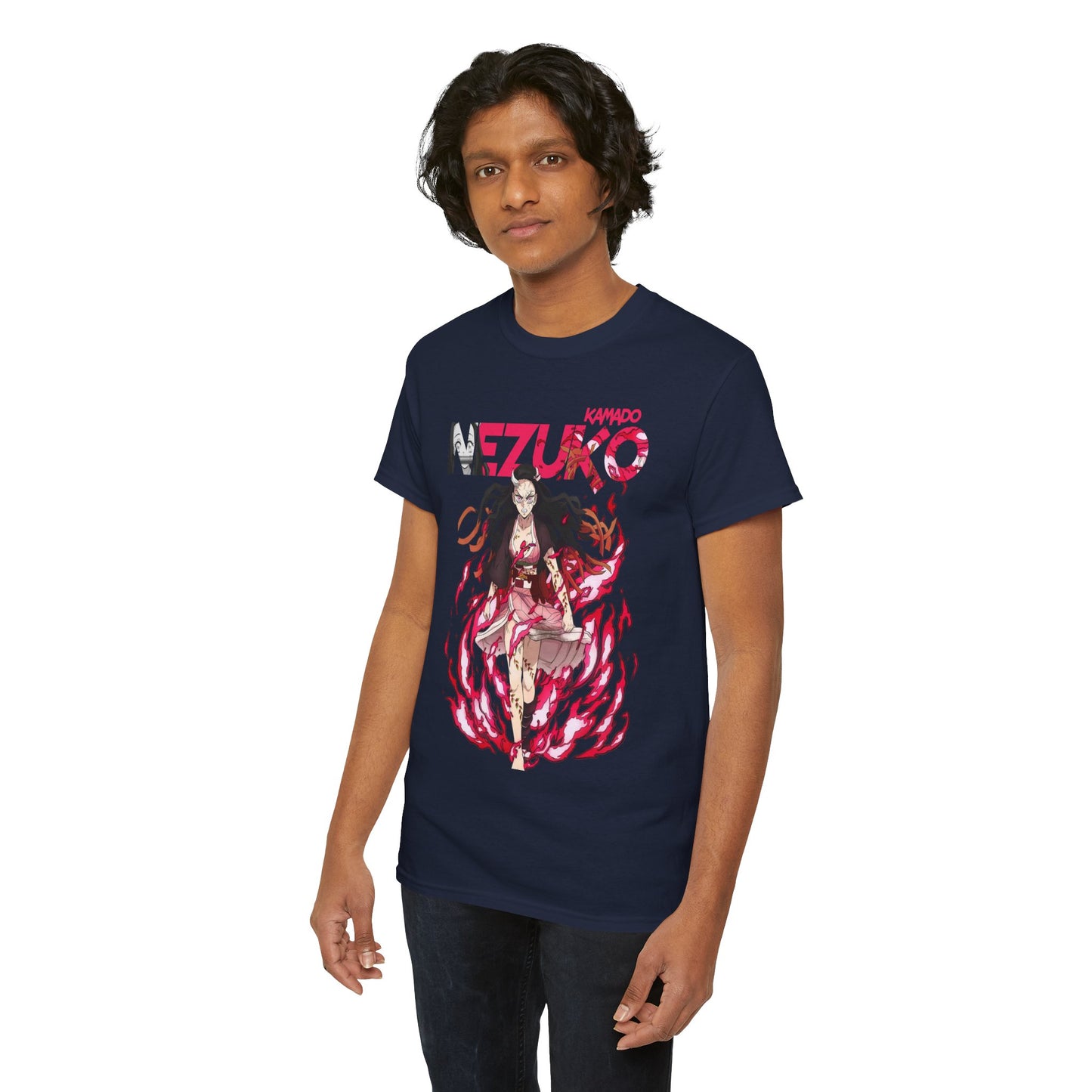 Elegant unisex Nezuko Kamado T-shirt showcasing a captivating anime illustration, tailored for fashion-forward individuals in a sophisticated navy hue.