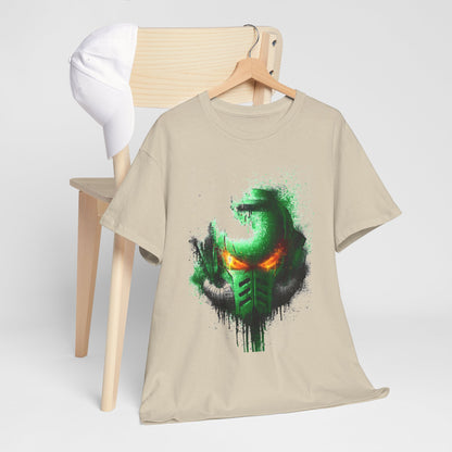 Stylish beige unisex graphic t-shirt featuring a vibrant green and orange helmet design, hung on a wooden chair next to a white cap, embodying urban street aesthetics.