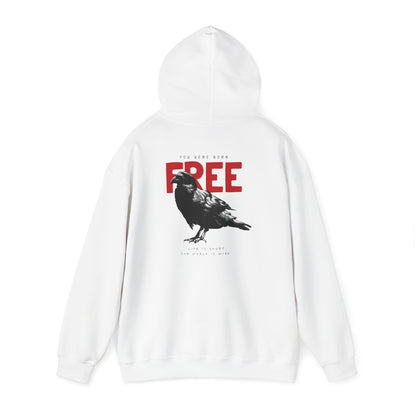Stylish back view of a white hoodie adorned with a dynamic raven graphic and bold 'YOU WERE BORN FREE' lettering, perfect for a confident statement.