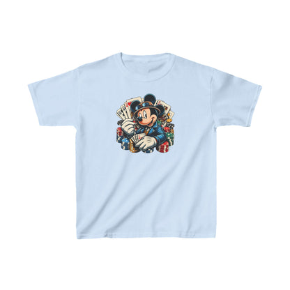 Sophisticated Child's Mickey Mouse Poker Unisex Graphic Tee Shirt presenting Mickey Mouse with poker cards and chips, a must-have for young fashionistas.