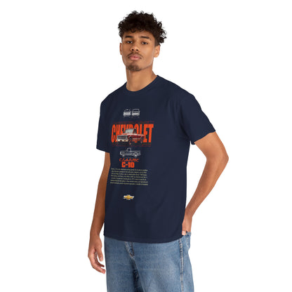 Trendy model wearing a Classic Chevrolet C-10 t-shirt, featuring a striking vintage truck design, showcasing a blend of nostalgia and modern fashion appeal.