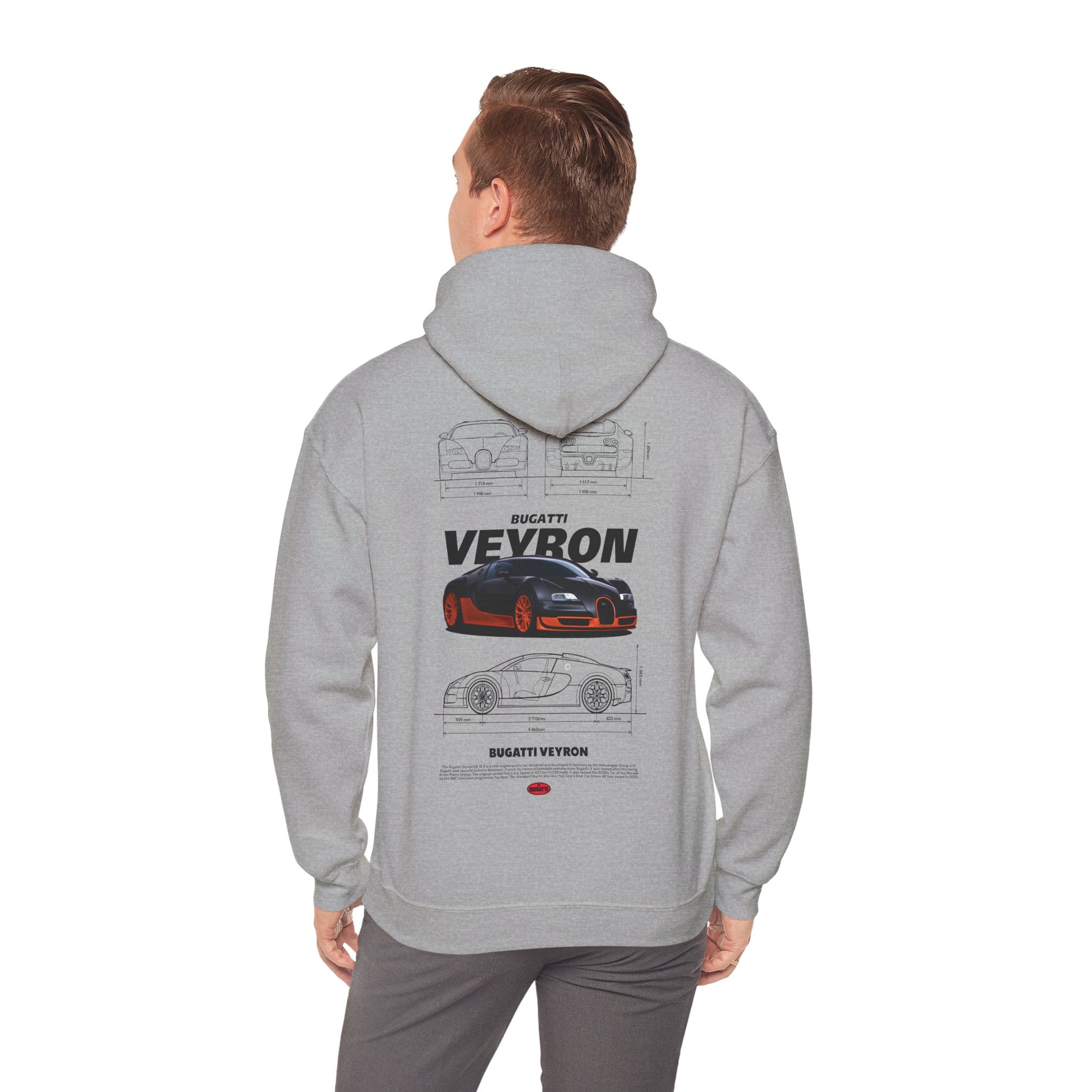 Stylish man wearing a grey Bugatti Veyron hoodie, featuring an artistic printed back design, perfect for car enthusiasts.